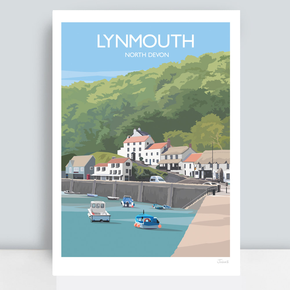 :Lynmouth North Devon harbour travel print by JuliaS Illustration