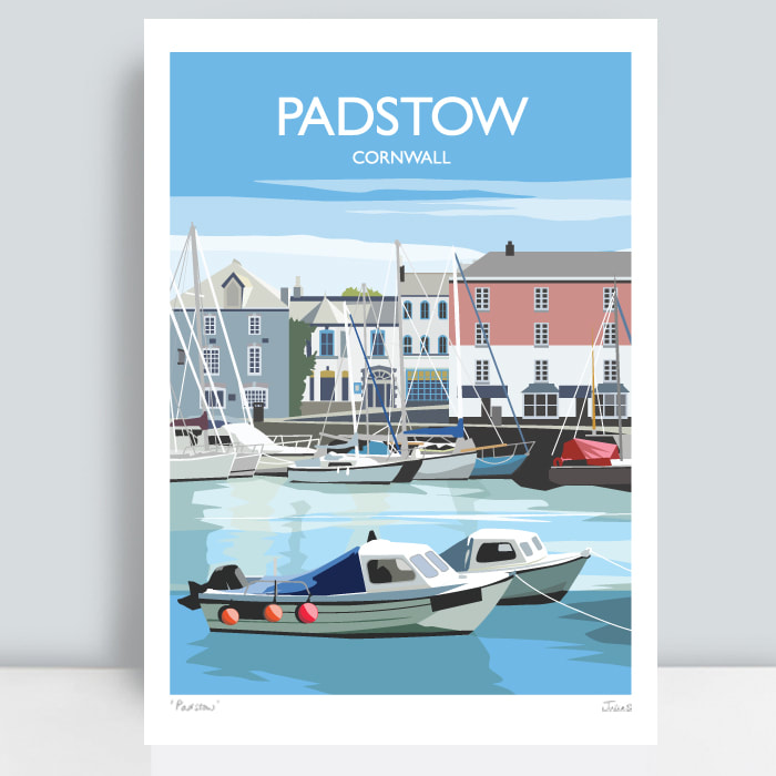 Padstow harbour with boats on sunny day art print and poster