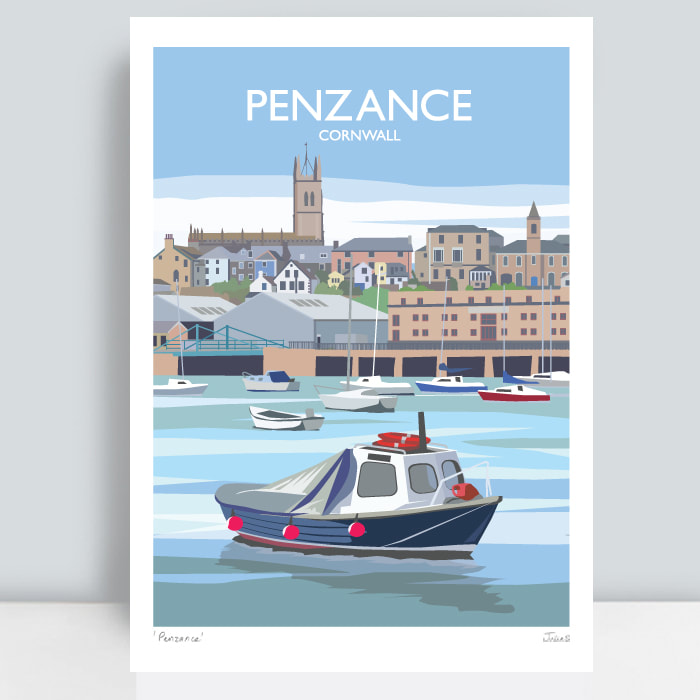 Penzance travel print with boat and harbour cornwall