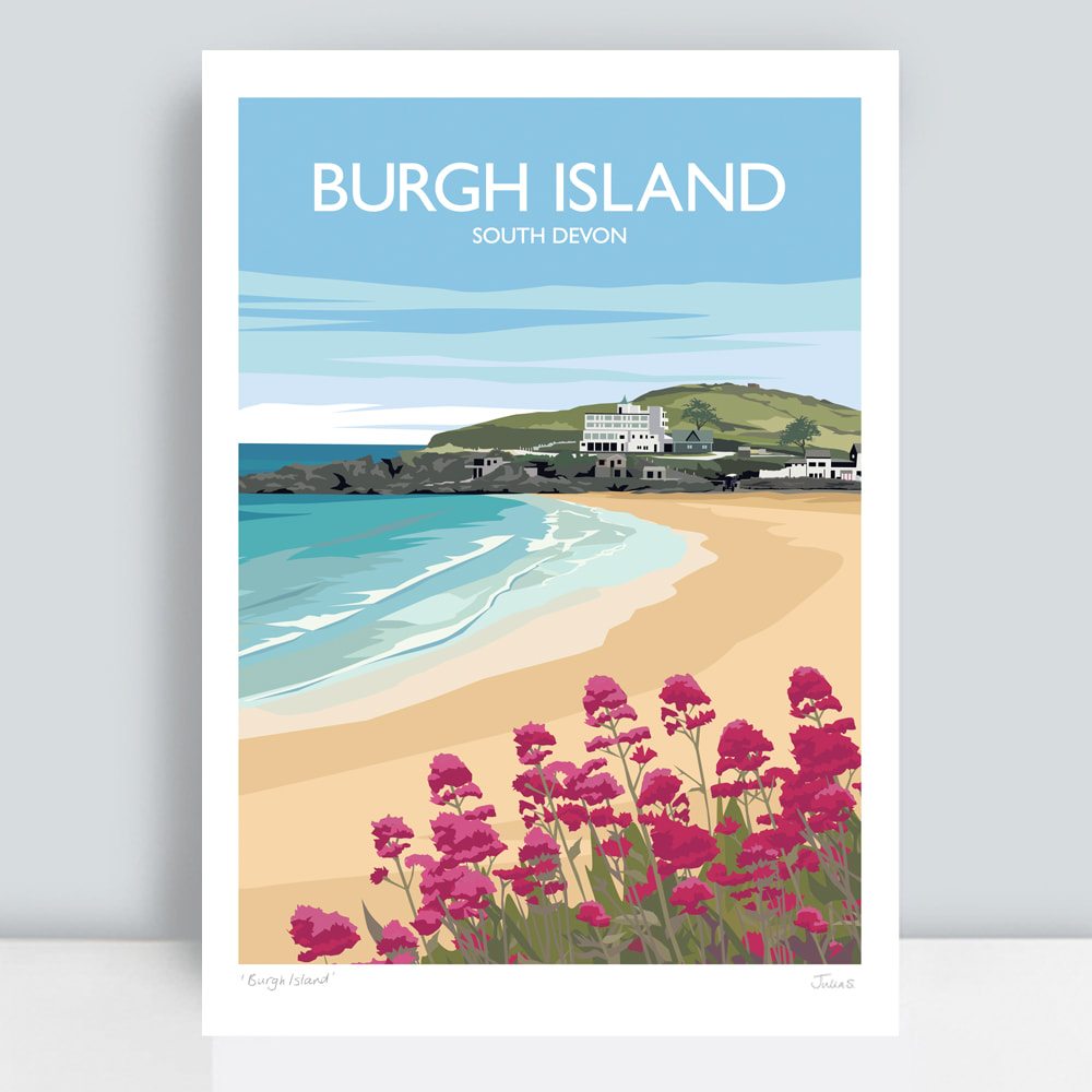 Blue Burgh Island travel art poster print by Julia Seaton