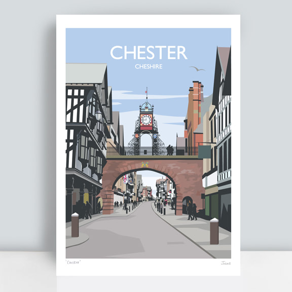 Chester Eastgate clock and high street with tudor buildings artwork