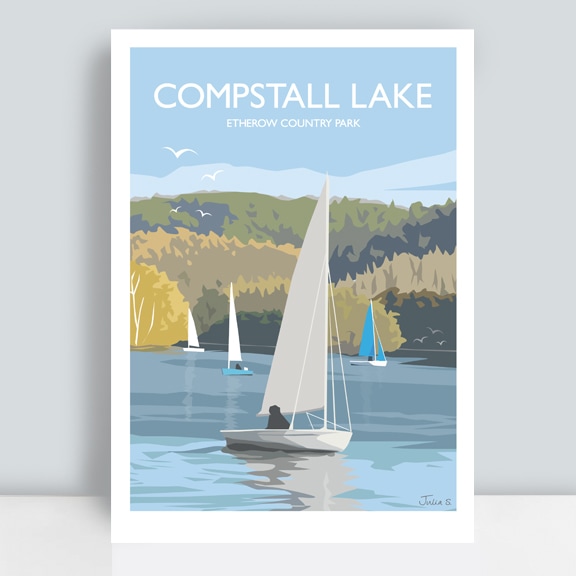 Compstall Lake at Etherow Country Park in Stockport boat on lake art print