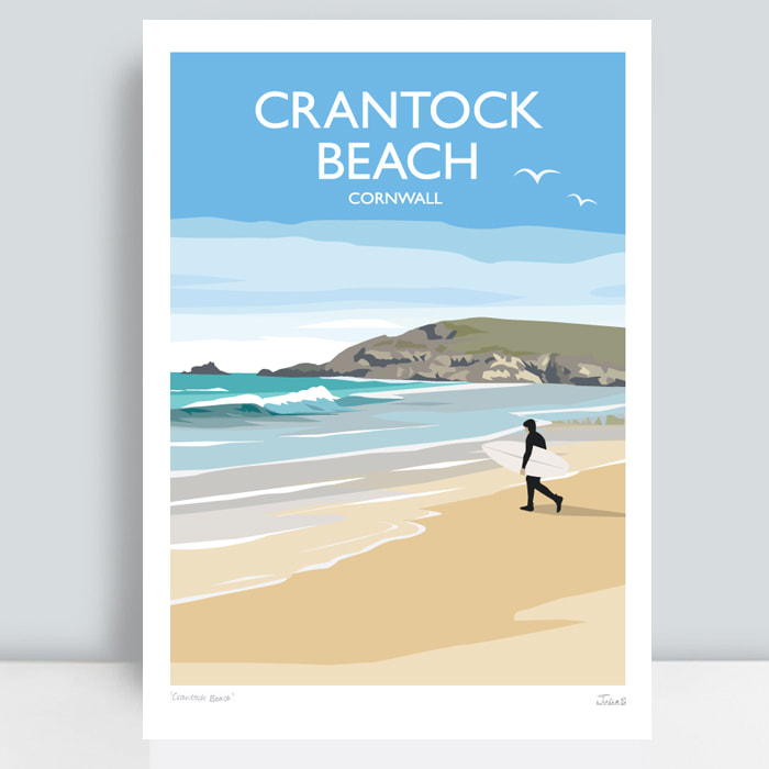 Crantick Beach with surfer travel poster art