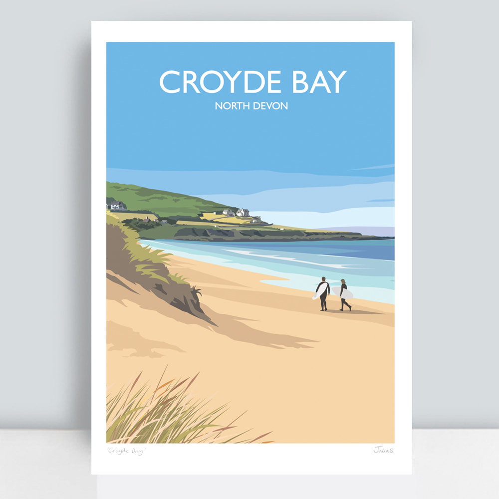 Croyde Bay beach with surfers travel art print by Julia Seaton