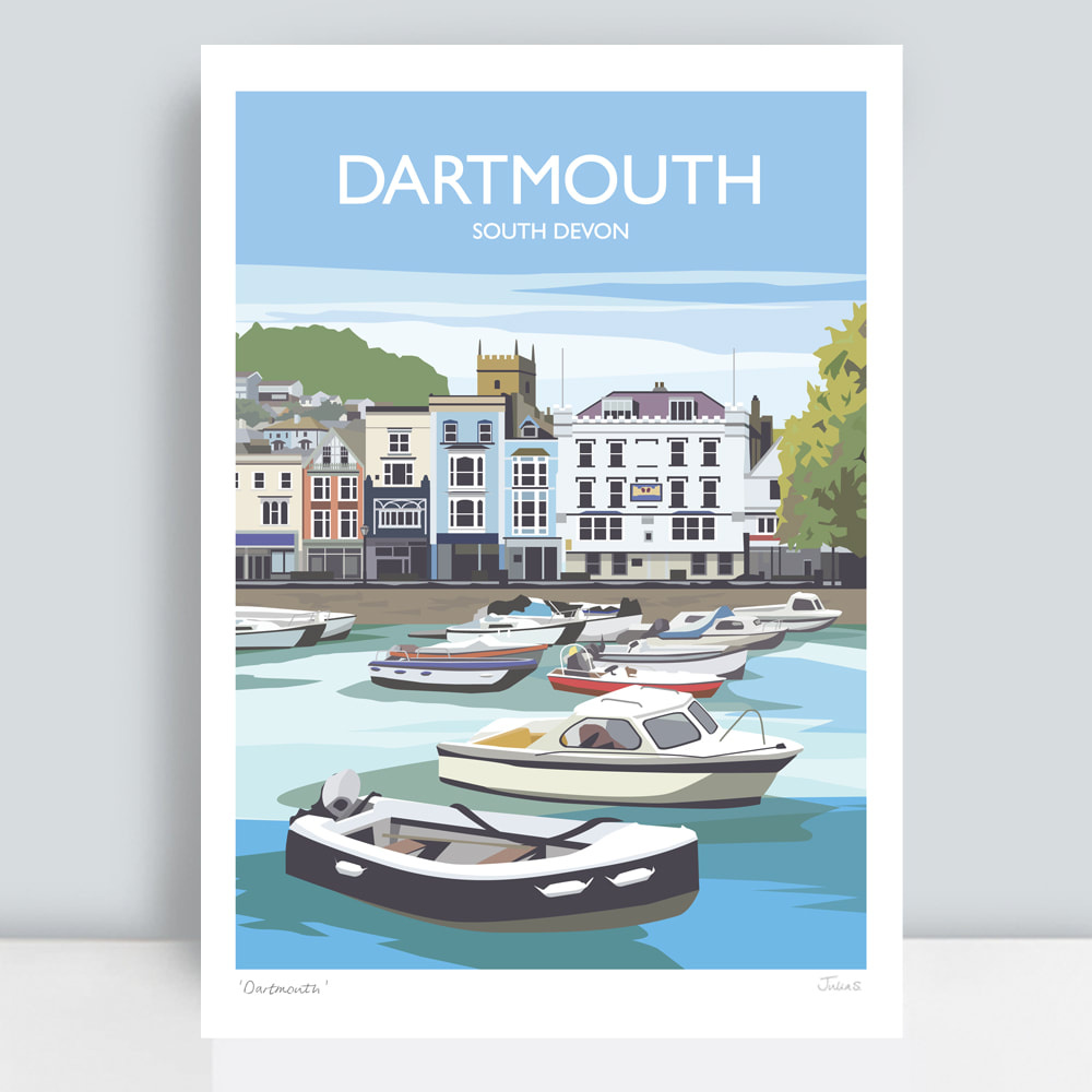 Dartmouth travel print with harbour and boats by JuliaS Illustration