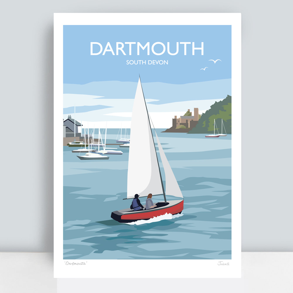 Dartmouth harbour with sailing boat travel art location illustration by Julia Seaton