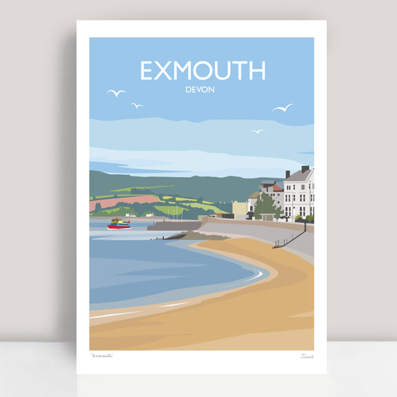 Exmouth Devon with promenade and ferry art travel illustration by Julia Seaton