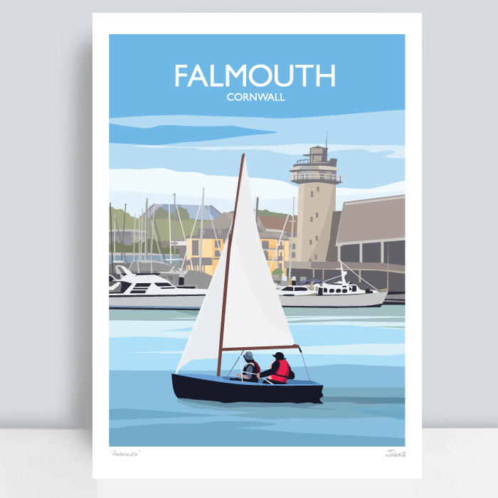 Falmouth Cornwall with sailing boat and National maritime museum print