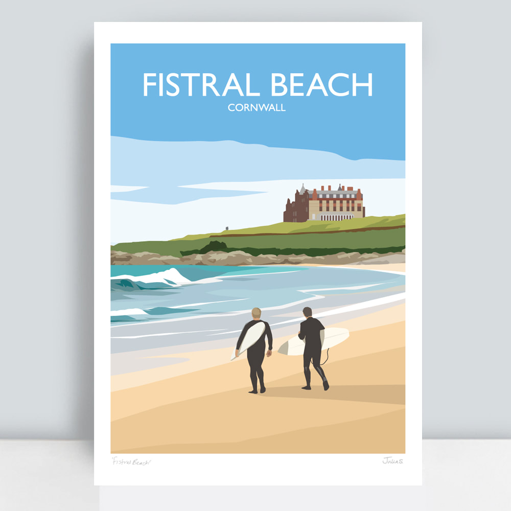 Fistral Beach Cornwall with two surfers and the Headland hotel print