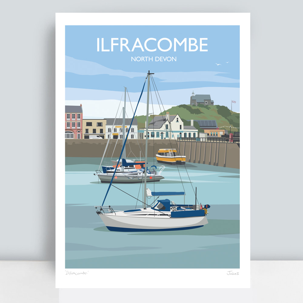 Ilfracombe harbour with boats and St Nicholas Chapel art print