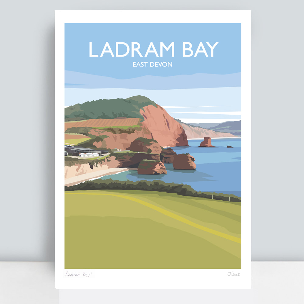 Ladram Bay from South West Coast Path travel art print by Julia Seaton