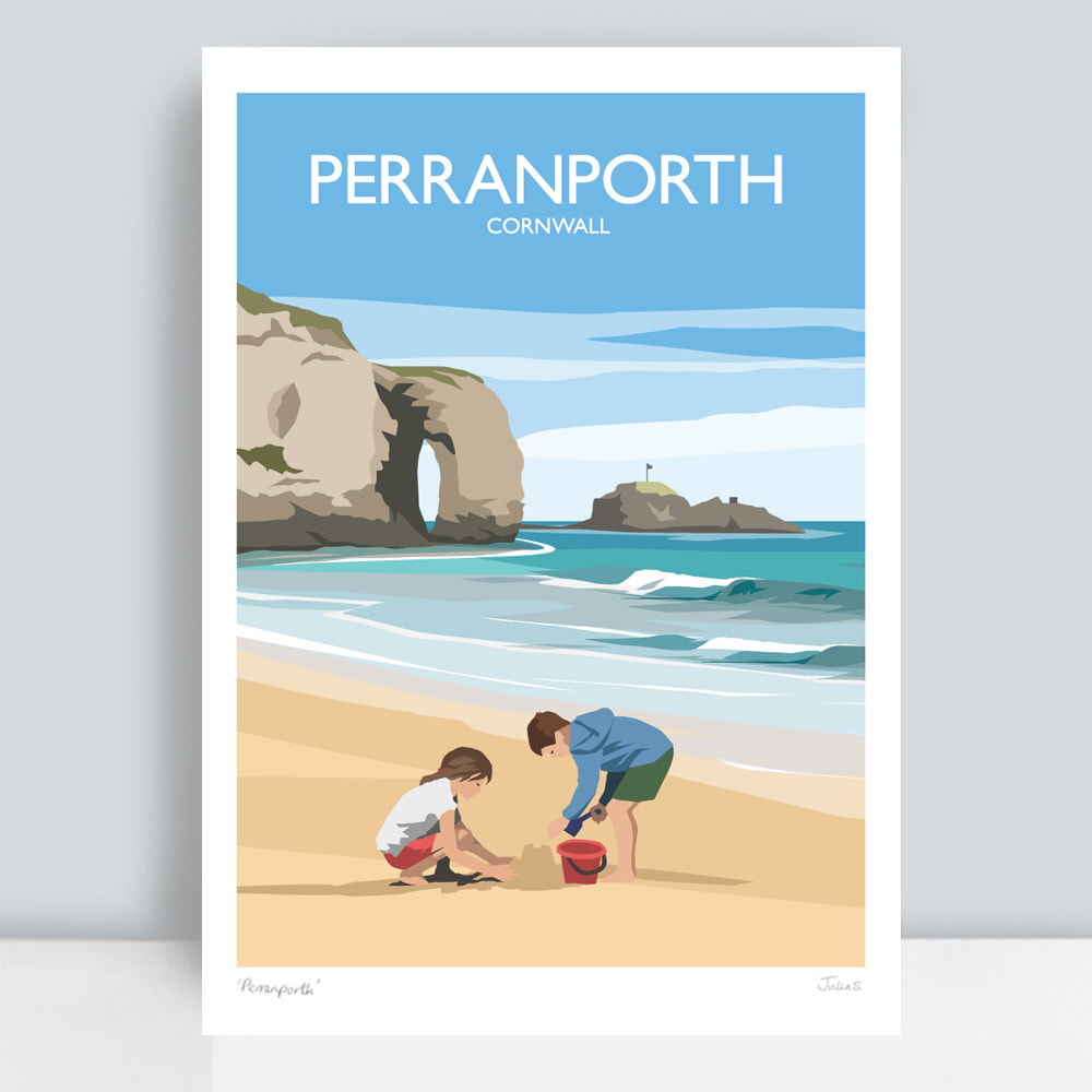 Perranporth beach with kids making sandcastles Cornwall art print