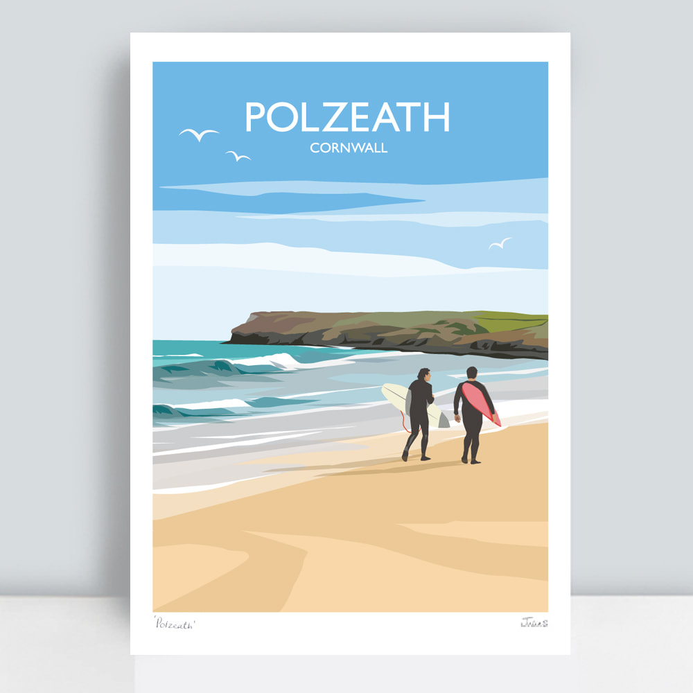 Polzeath beach with surfers Cornwall art print