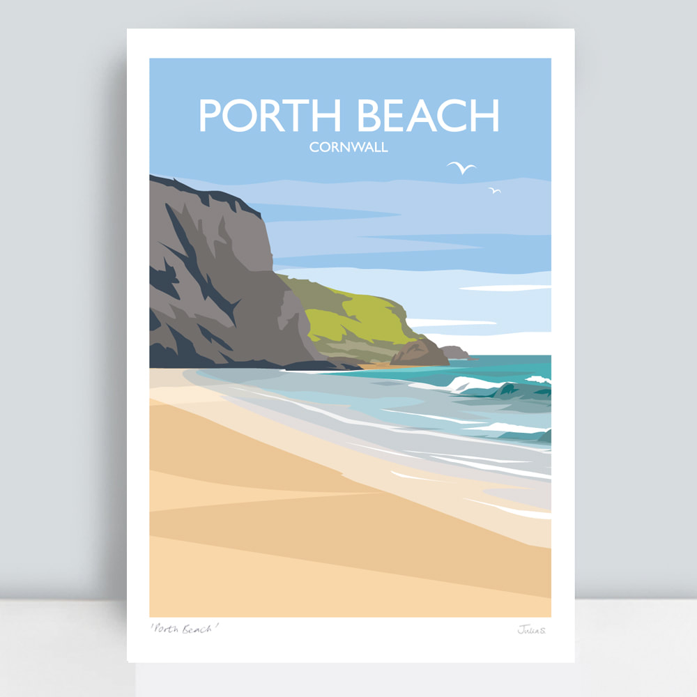 Porth beach Cornwall travel poster