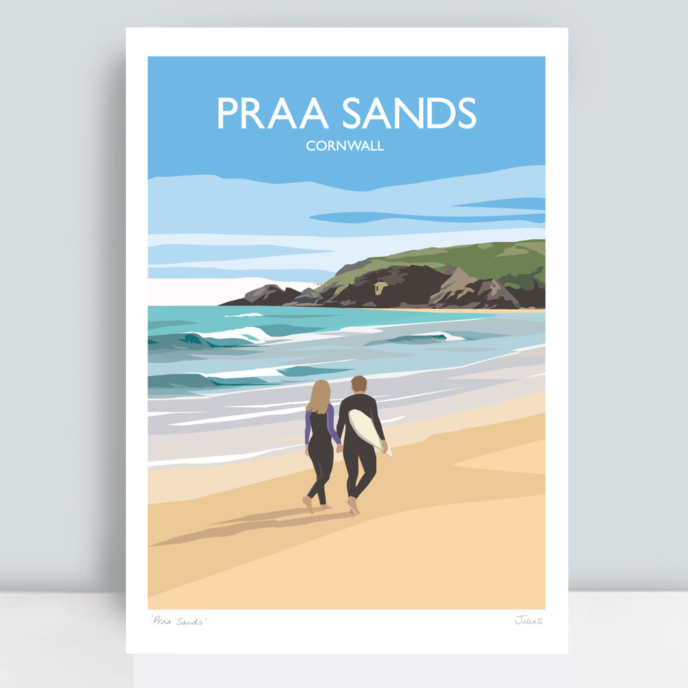 Couple walking on beach at Praa sands cornwall art print