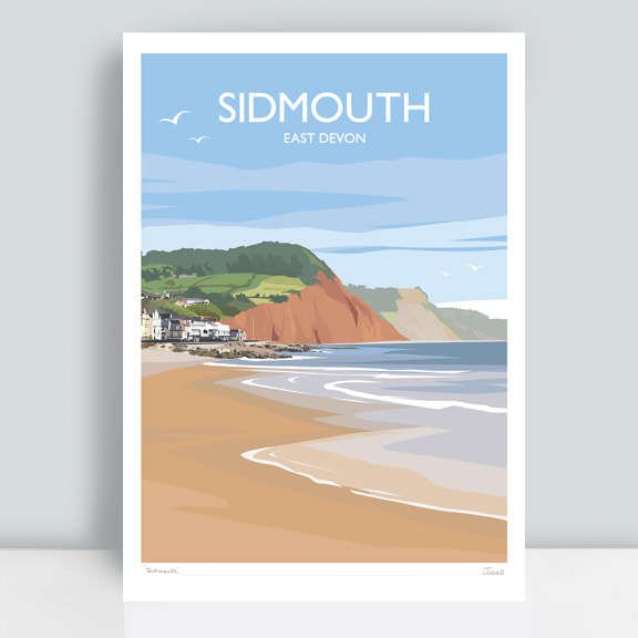 Sidmouth beach and cliffs travel art location print by Julia Seaton