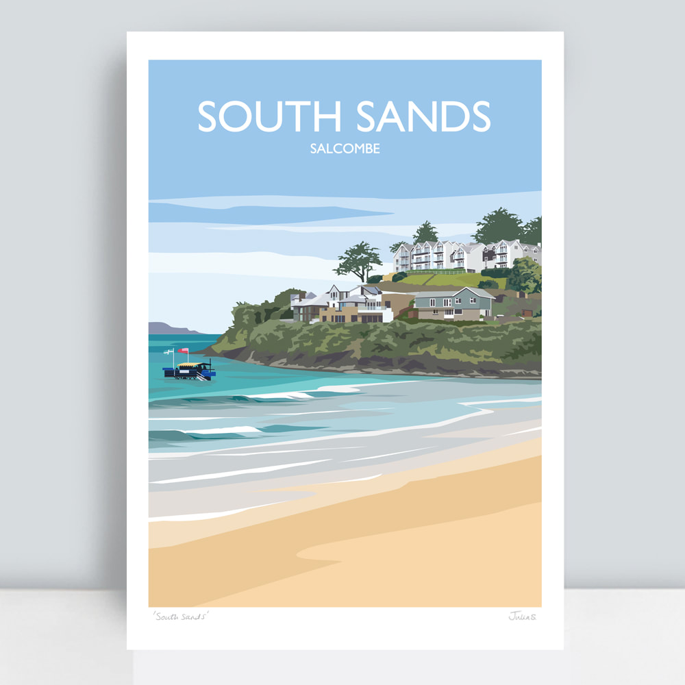 South Sands with South Sands hotel and sea tractor by JuliaS Illustration
