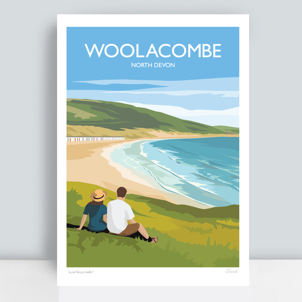 Woolacombe travel print with couple looking at view of sea 