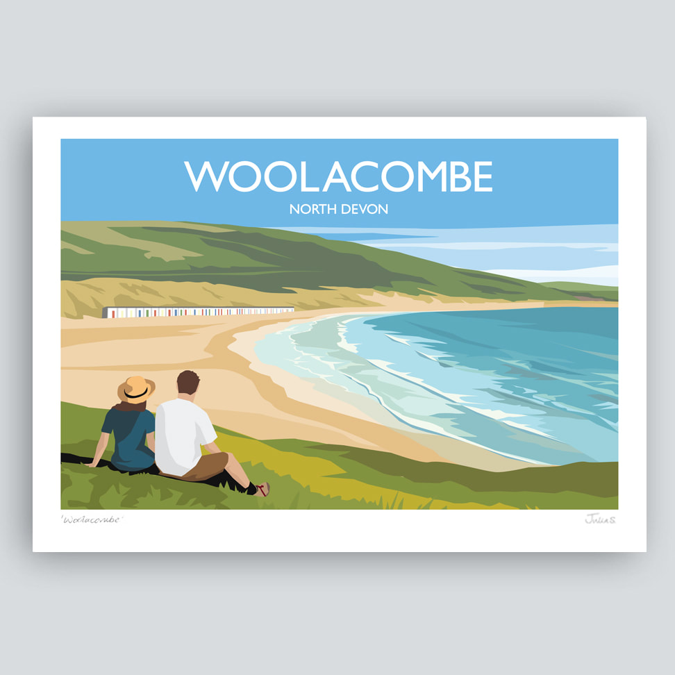 Woolacombe North Devon travel print with couple looking at view travel print by Julia Seaton